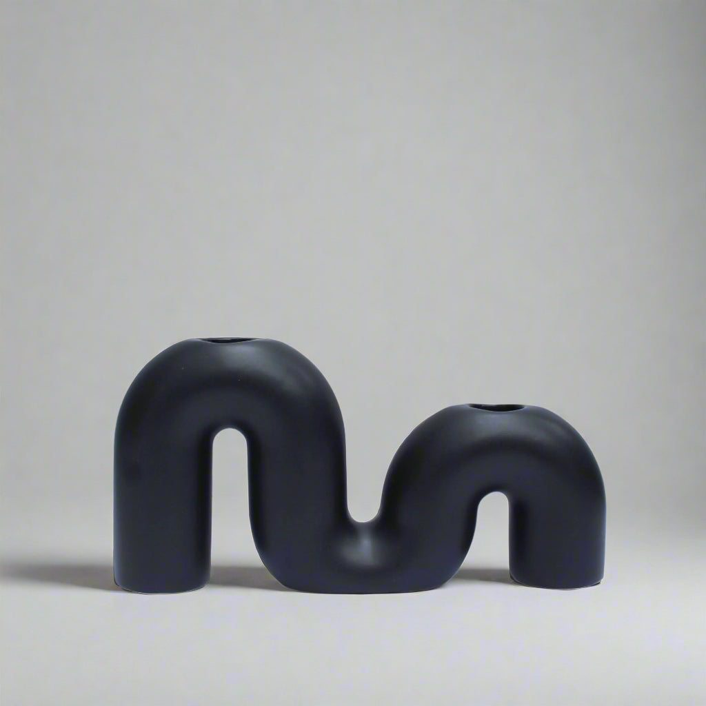 M Shape Ceramic Candle Holder - Black - 20 x 4 x10 cm
