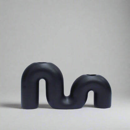 M Shape Ceramic Candle Holder - Black - 20 x 4 x10 cm