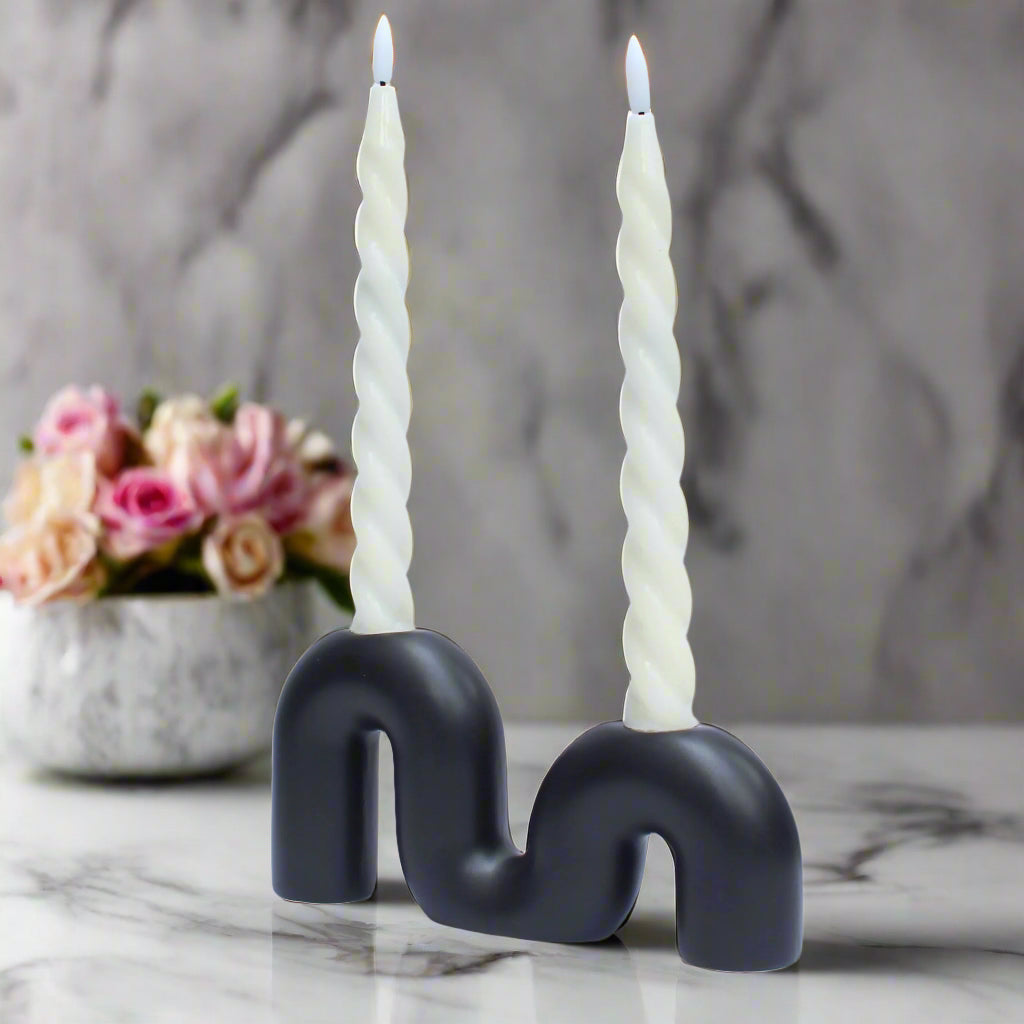 M Shape Ceramic Candle Holder - Black - 20 x 4 x10 cm