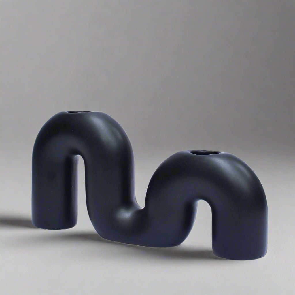 M Shape Ceramic Candle Holder - Black - 20 x 4 x10 cm